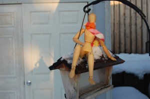 Playing on the birdhouse