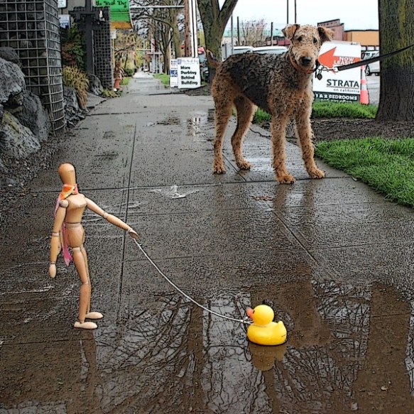 Startled dog meets duck on a walk with Emotikin